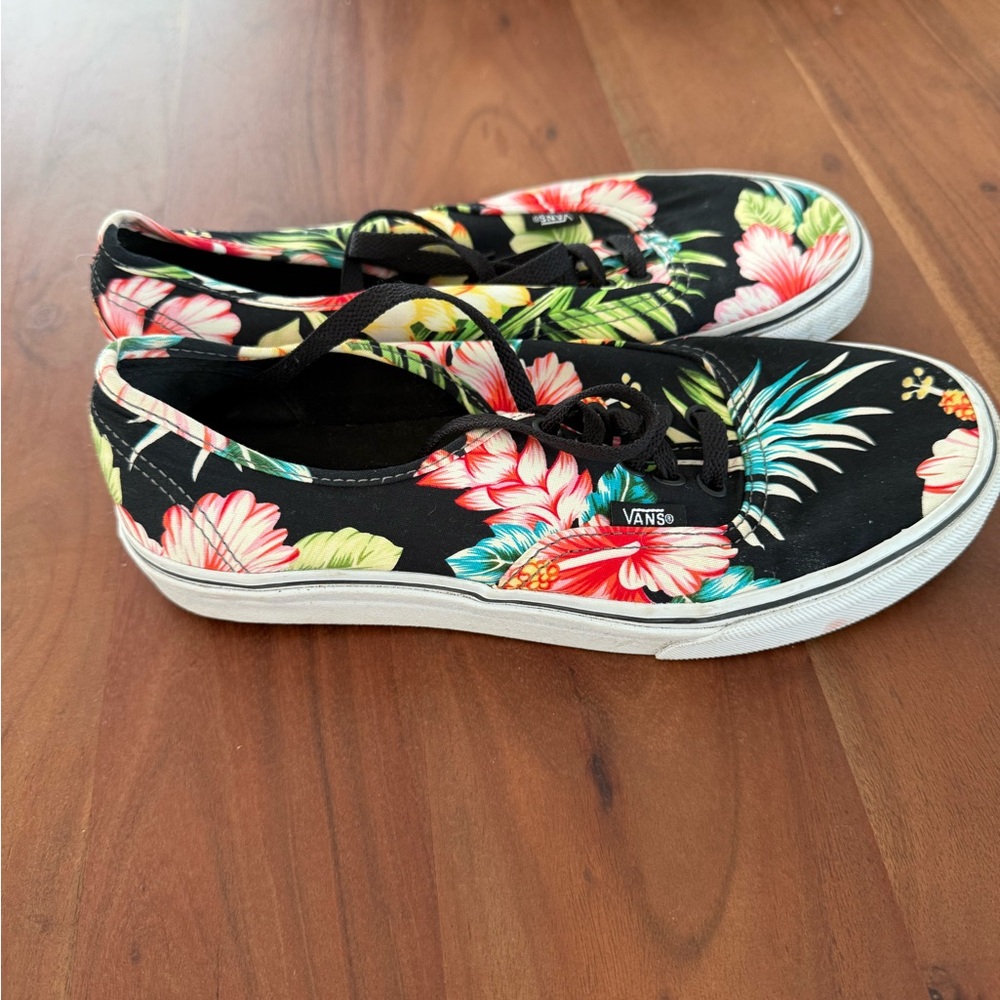 Vans Black and Pink Floral Slip-On Sneakers